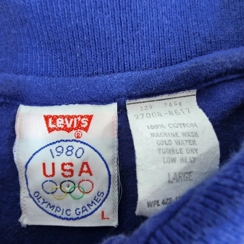 Vintage 1980 Levis Olympic Games Blue Polo Shirt Made in USA Size Large Single S